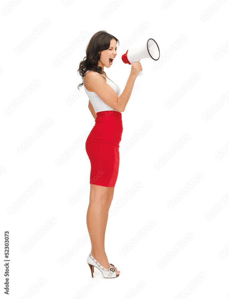 strict woman shouting in megaphone strict woman shouting in megaphone