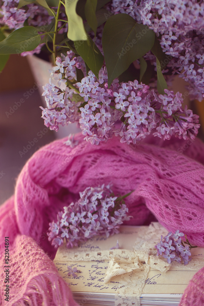 old letters with lilac on soft scarf old letters with lilac on soft scarf