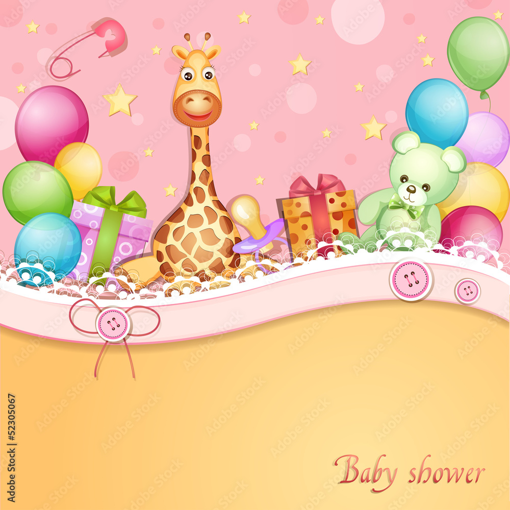 Fototapeta premium Baby shower card with toys and balloons