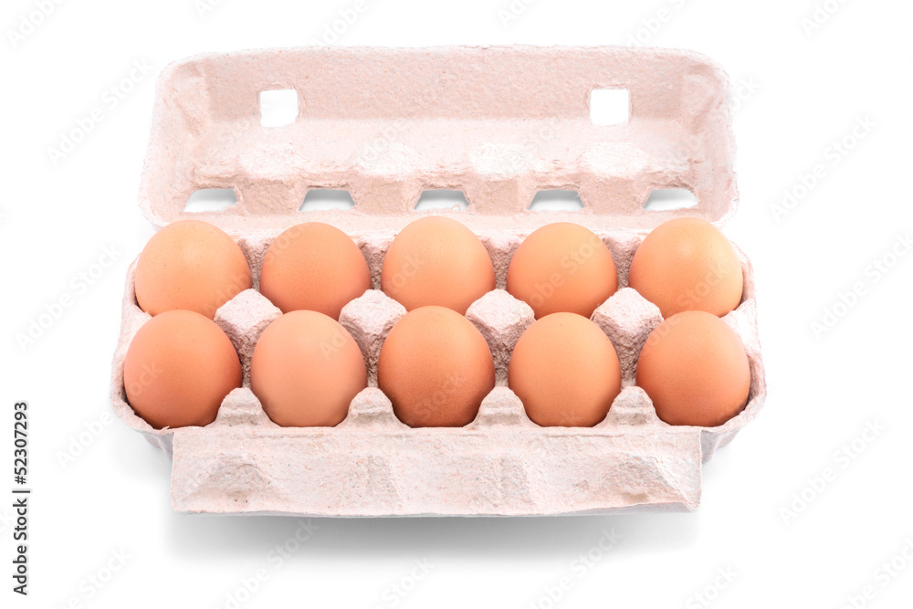 Ten fresh eggs in a carton package isolated on white background Ten fresh eggs in a carton package isolated on white background