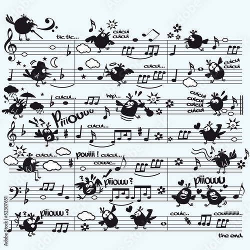 partition, oiseau, musique, langage,personnage,piaf