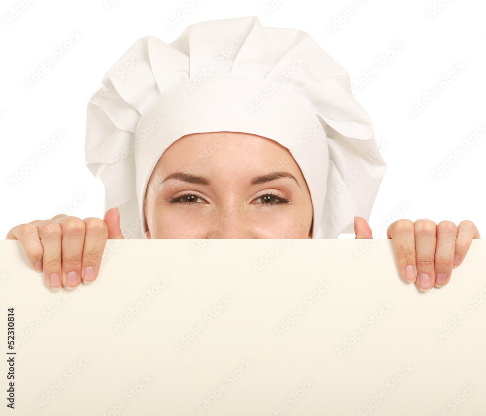 Happy woman cook or baker holding over paper sign billboard. Happy woman cook or baker holding over paper sign billboard.