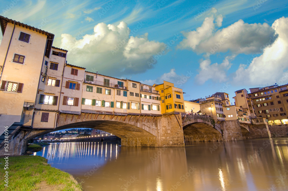 Florence, Italy. Wonderful sunset above Magnificent Ponte Vecchi