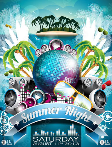 Vector Summer Beach Party Flyer Design with disco ball and wings