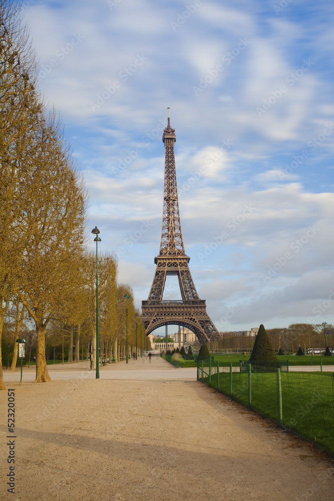 Eiffel tower from Champ de Mars after sunrise