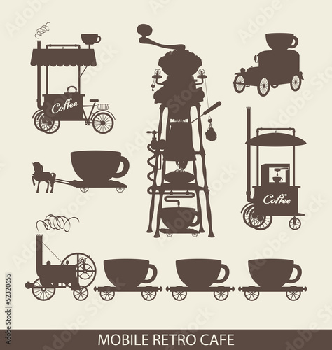 set of mobile cafe in retro style