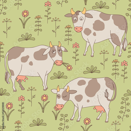 Seamless texture with cows, bull and flowers in the style of car