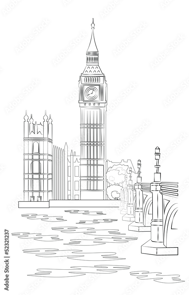 London City Landscape with Big Ben View - vector sketch