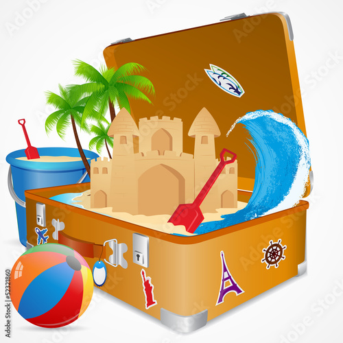 vector illustration of sand castle on sea beach in luggage