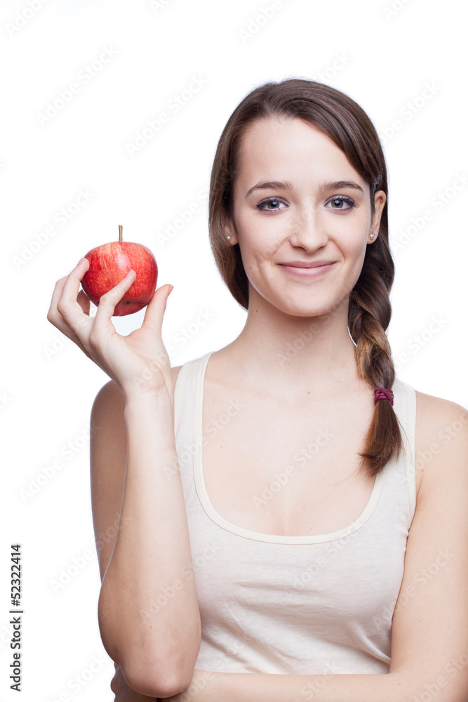 Healthy lifestyle. Beautiful brunette holding apple Healthy lifestyle. Beautiful brunette holding apple