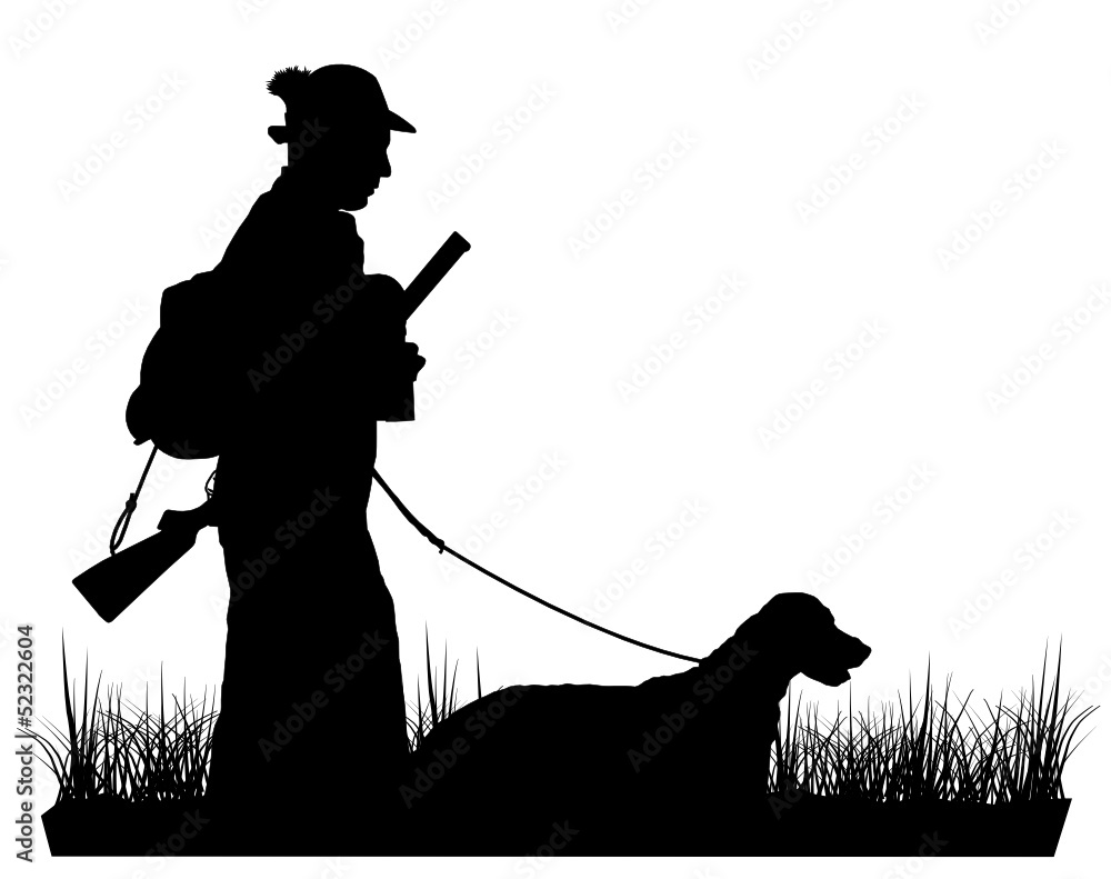 Silhouette Jäger mit Hund Stock-Vektorgrafik | Adobe Stock