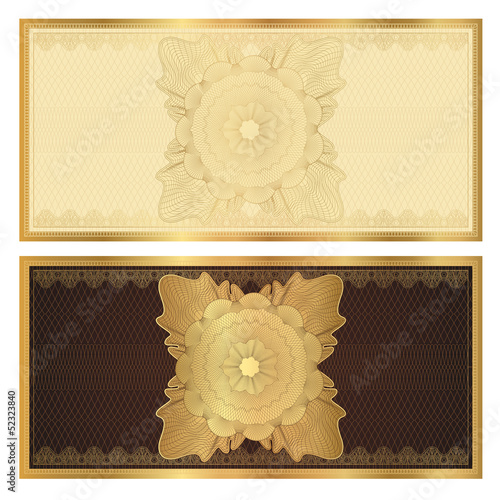 Gift certificate (voucher) template with pattern. Gold border