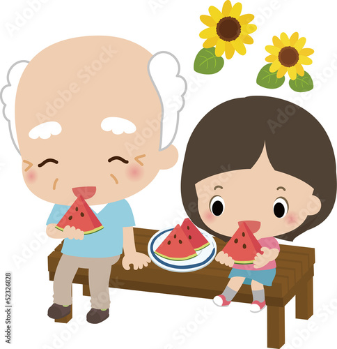 スイカを食べるおじいさんと女の子