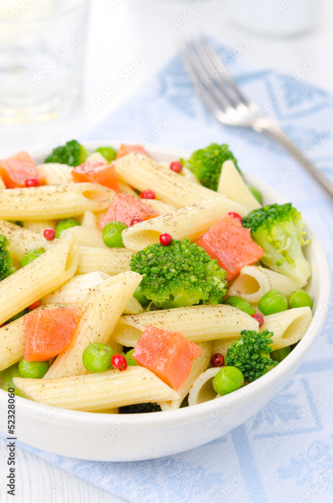 salad with pasta, salmon, broccoli, green peas salad with pasta, salmon, broccoli, green peas