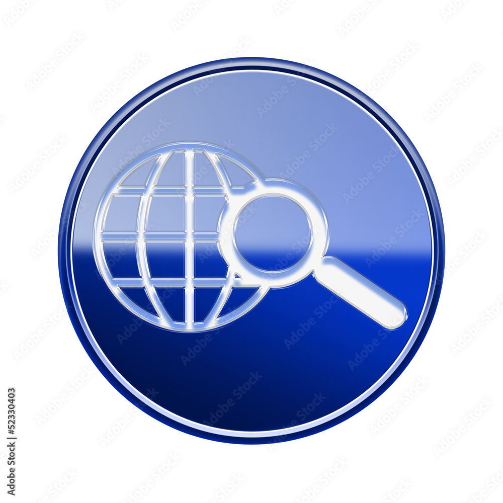 globe and magnifier icon glossy blue, isolated on white backgrou globe and magnifier icon glossy blue, isolated on white backgrou