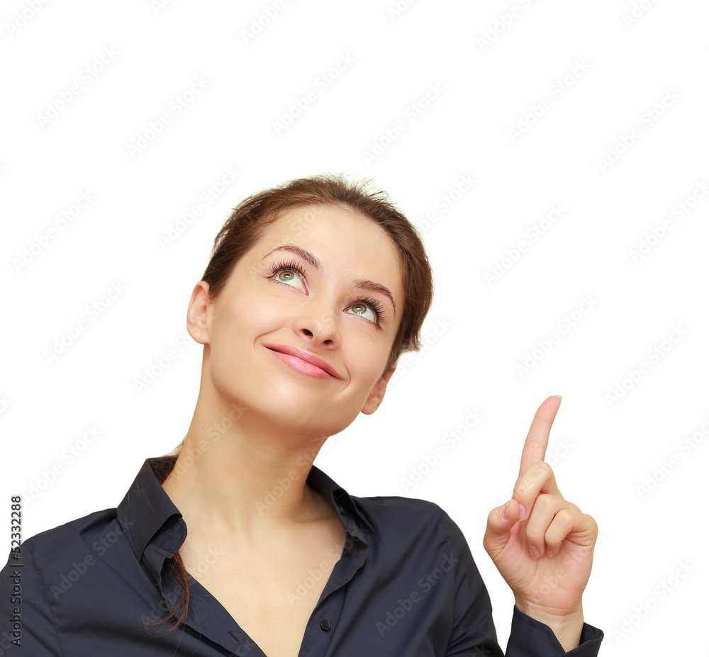 Business woman showing finger up and looking happy isolated on w Business woman showing finger up and looking happy isolated on w