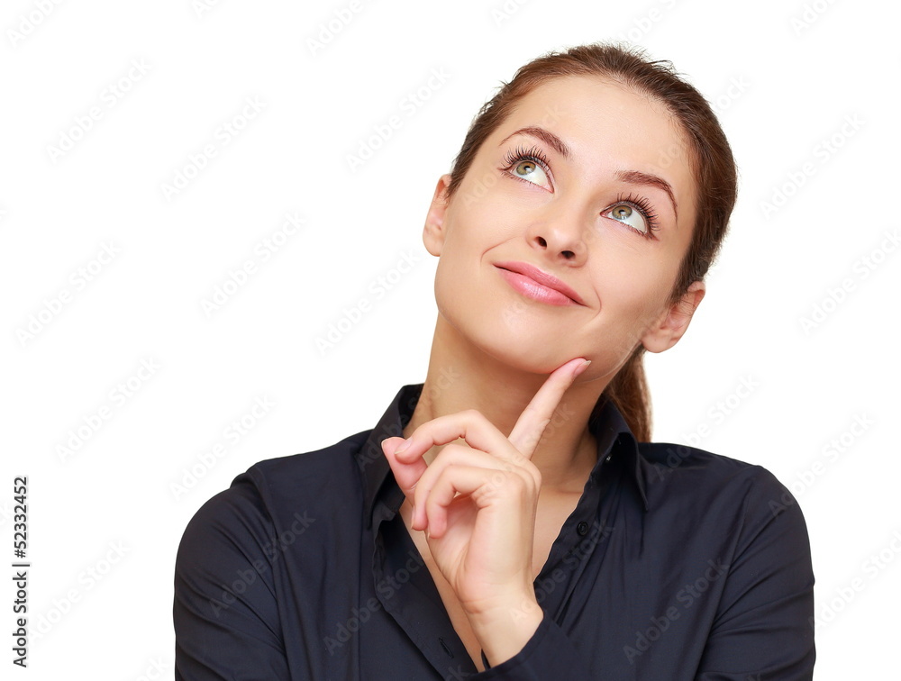 Thinking business woman looking up isolated on white background Thinking business woman looking up isolated on white background