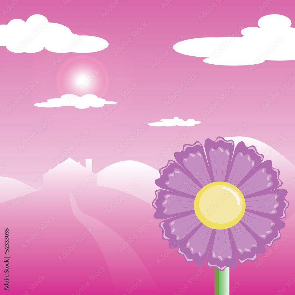 pink flower and mountain house vector