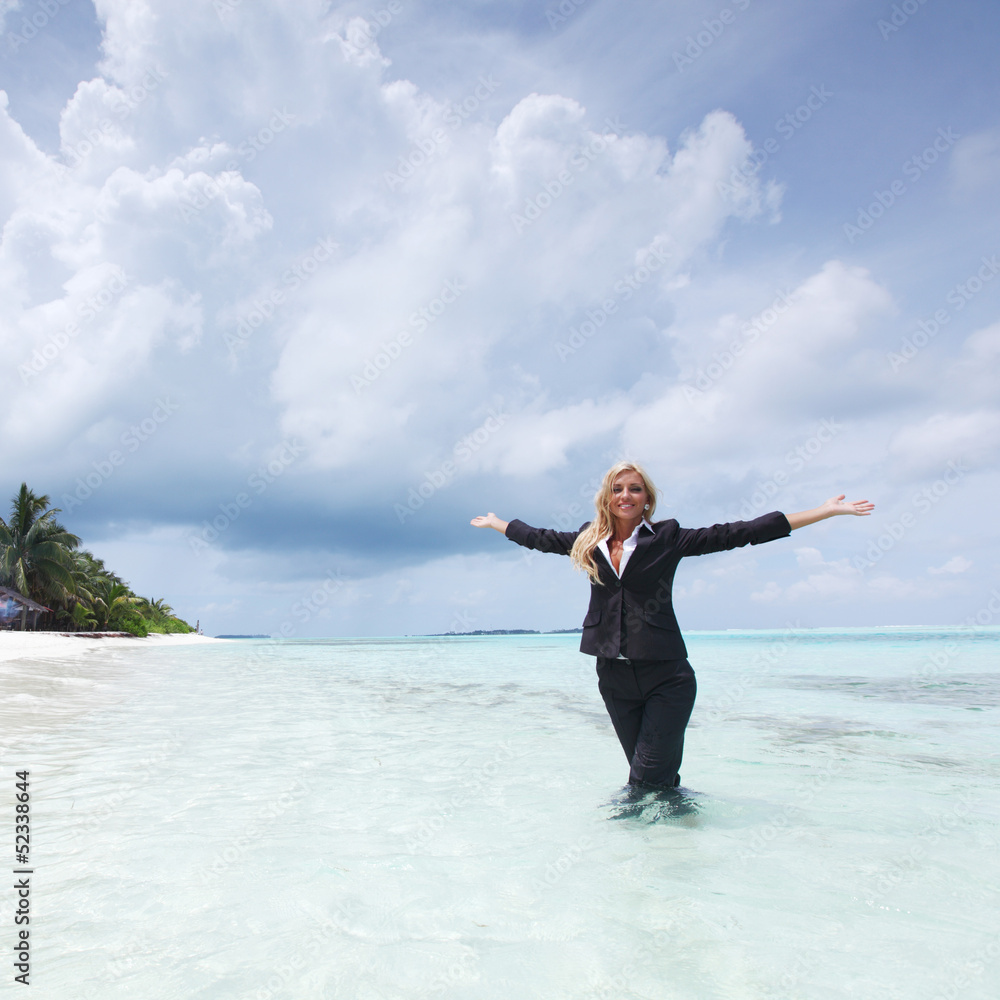 happy business woman on the ocean coast happy business woman on the ocean coast