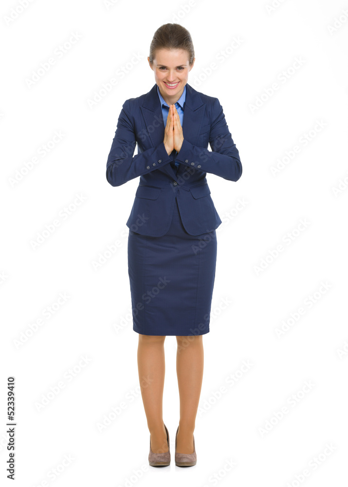 Full length portrait of business woman showing asian greeting Full length portrait of business woman showing asian greeting