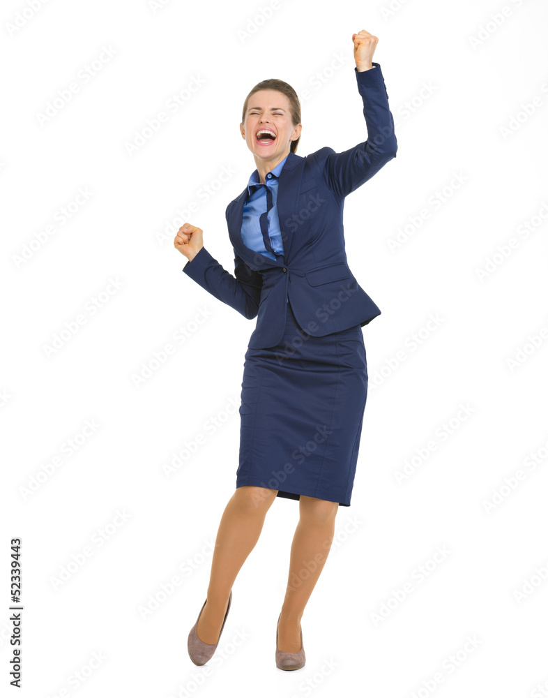 Full length portrait of happy business woman rejoicing success Full length portrait of happy business woman rejoicing success