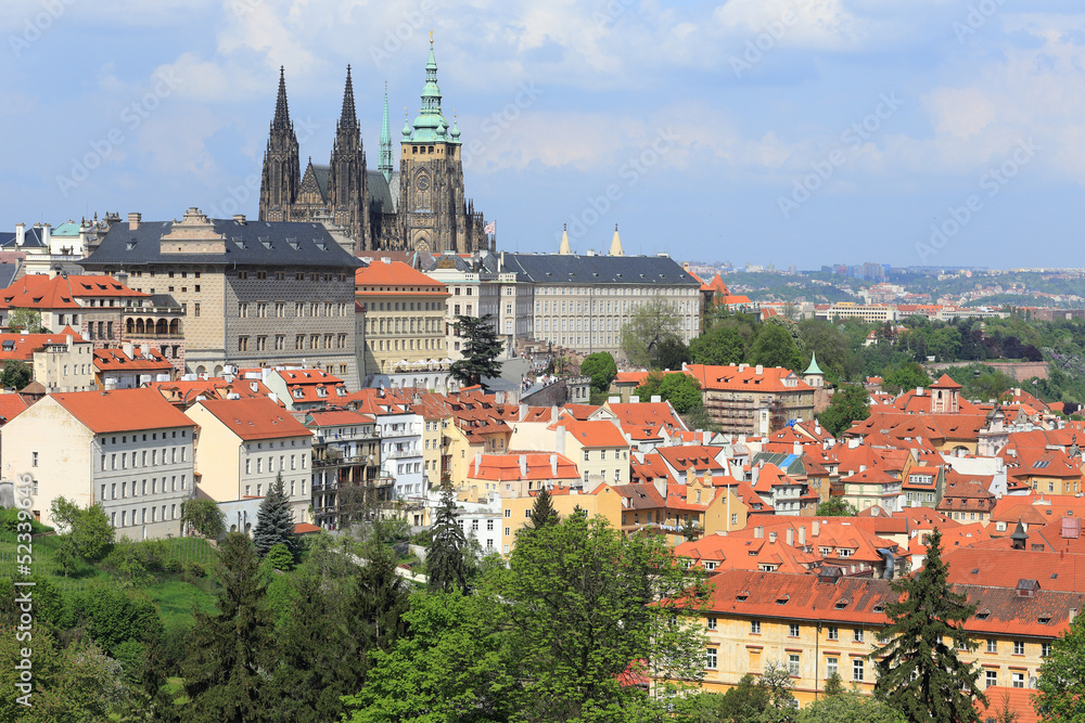 Spring Prague gothic Castle with green Trees, Czech Republic