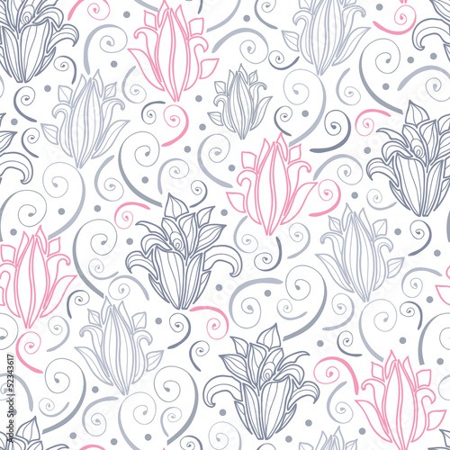 Vector gray and pink lily lineart seamless pattern background