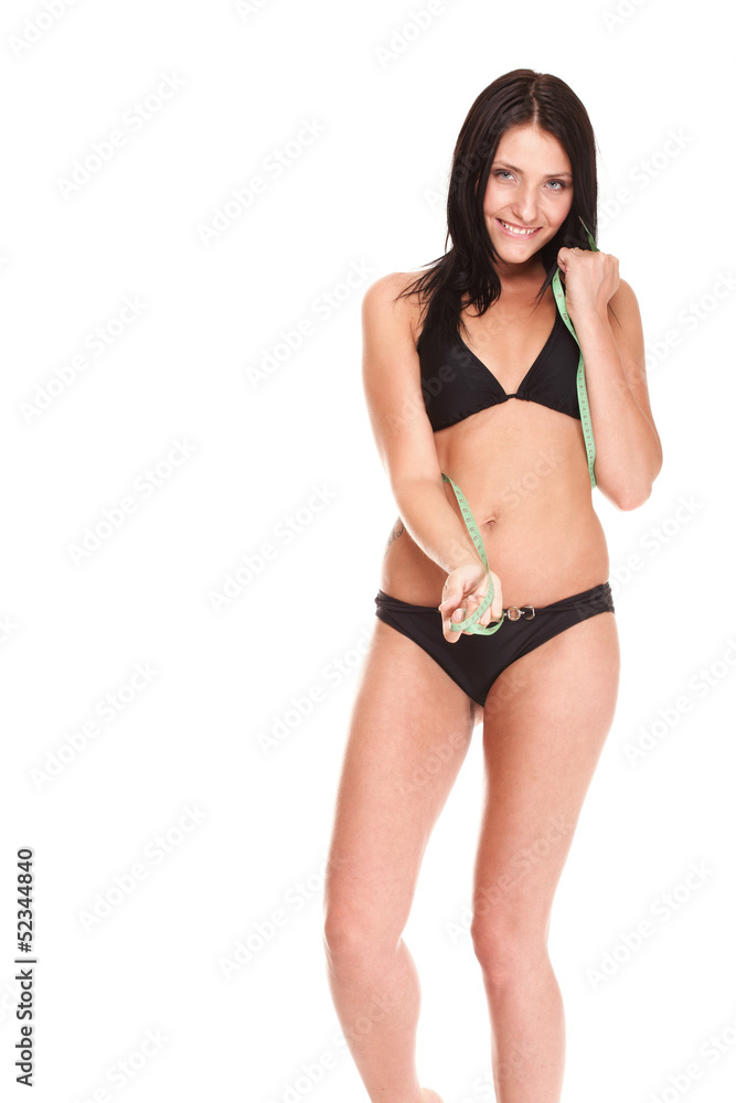 brunette girl bikini measuring waistline tape brunette girl bikini measuring waistline tape