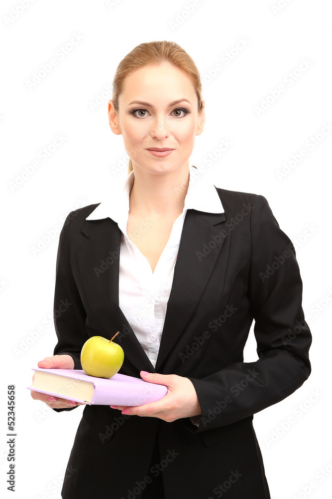 Portrait of teacher woman with book and apple, isolated on