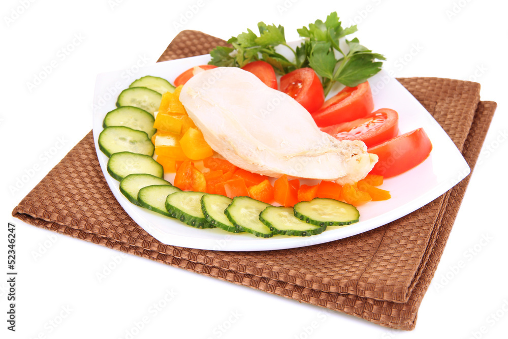 Boiled chicken breast on plate with vegetables isolated on Boiled chicken breast on plate with vegetables isolated on