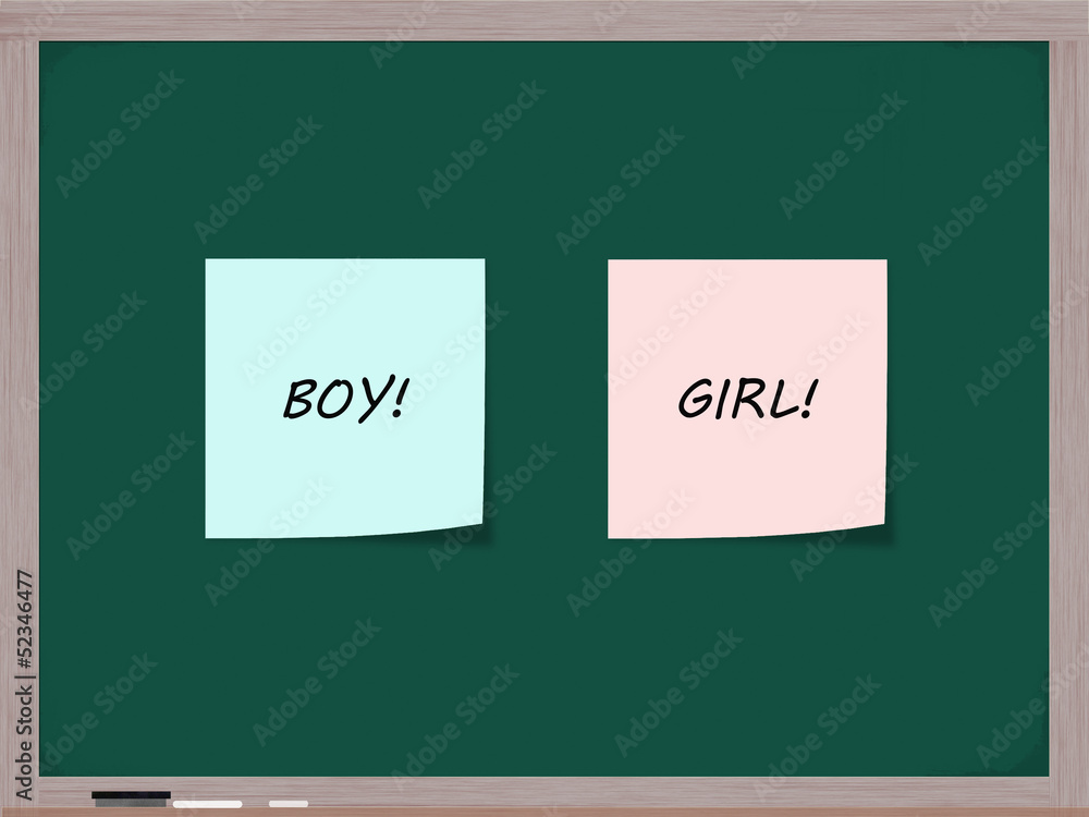 Chalkboard with blue and pink boy and girl sticky notes Chalkboard with blue and pink boy and girl sticky notes