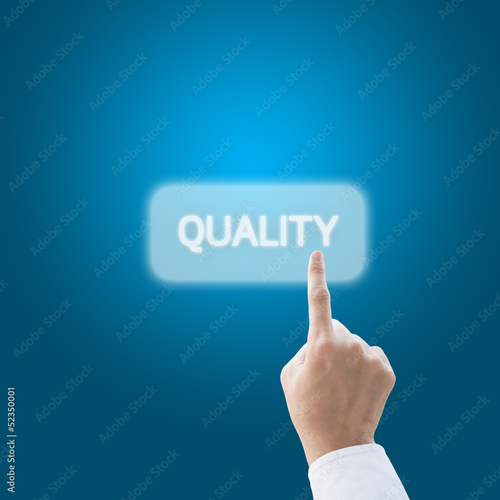 Business man press quality button Business man press quality button
