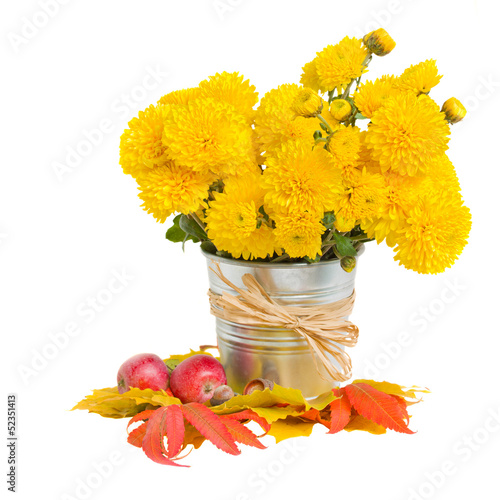 bouquet of yellow mums in pot photo