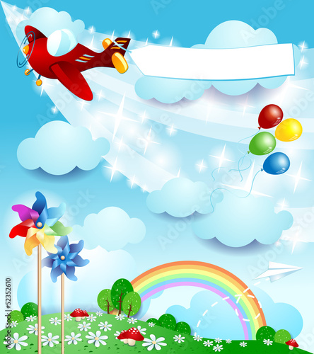 Spring background with airplane and banner