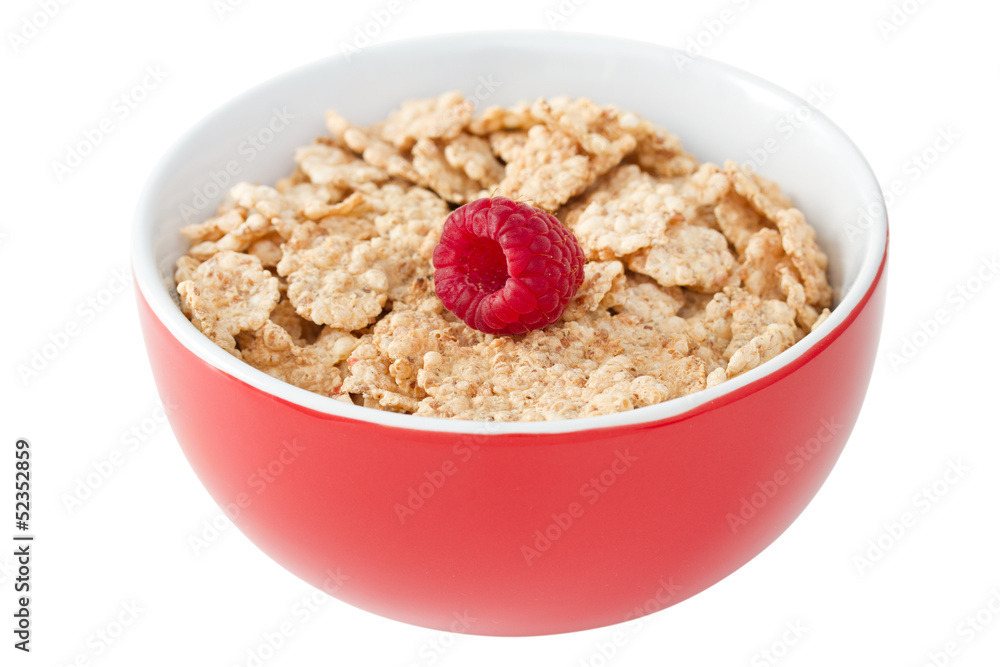 flakes with raspberries in bowl on white background flakes with raspberries in bowl on white background