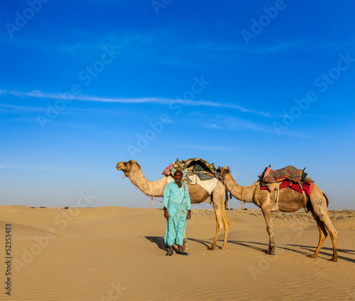 Cameleer (camel driver) camels in Rajasthan, India