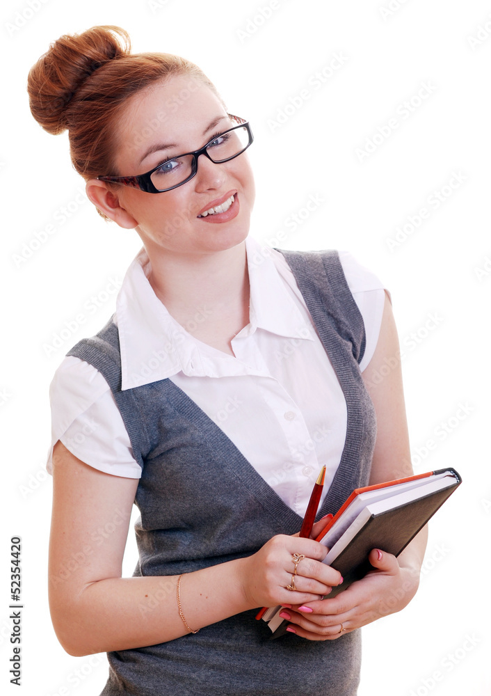 Business lady in glasses with a diary in hands Business lady in glasses with a diary in hands