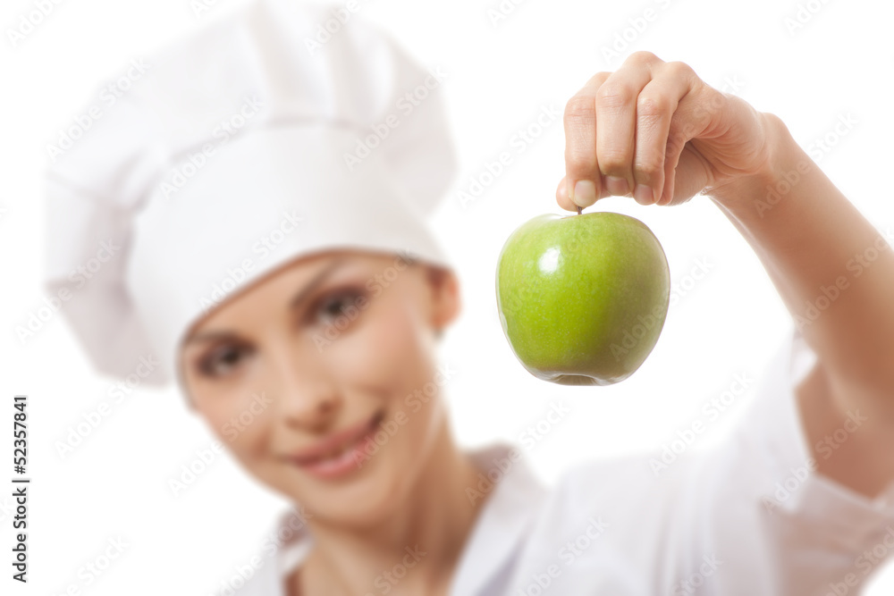 Smiling woman cook with apple, isoladed on white background Smiling woman cook with apple, isoladed on white background