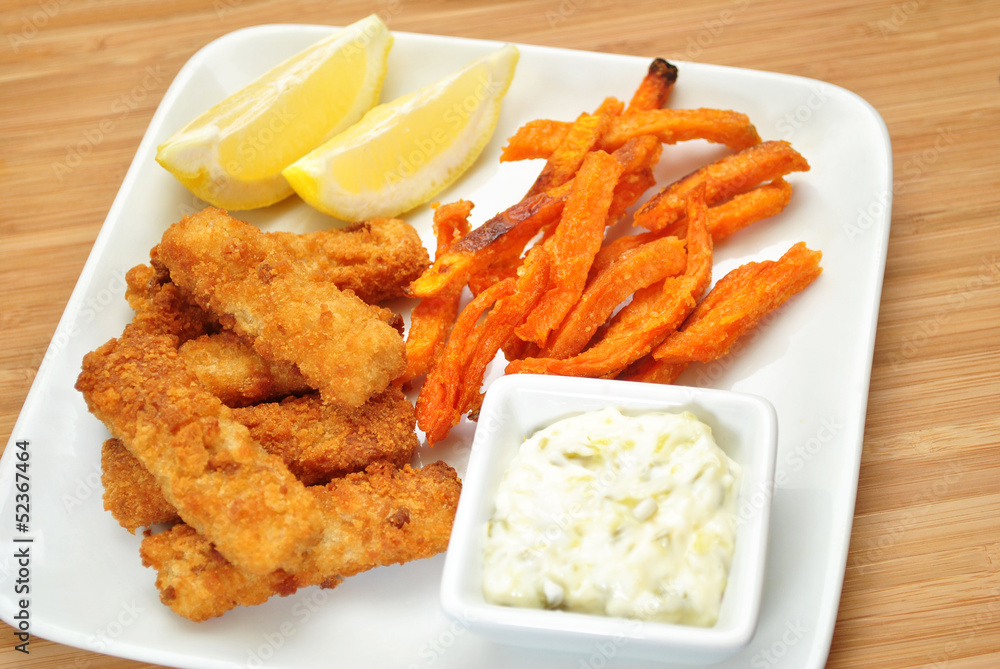 Healthy Baked Fish Stick Dinner with Sweet Potato Fries Healthy Baked Fish Stick Dinner with Sweet Potato Fries
