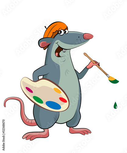 Illustration of an mouse artist with a palette and a brush in hi