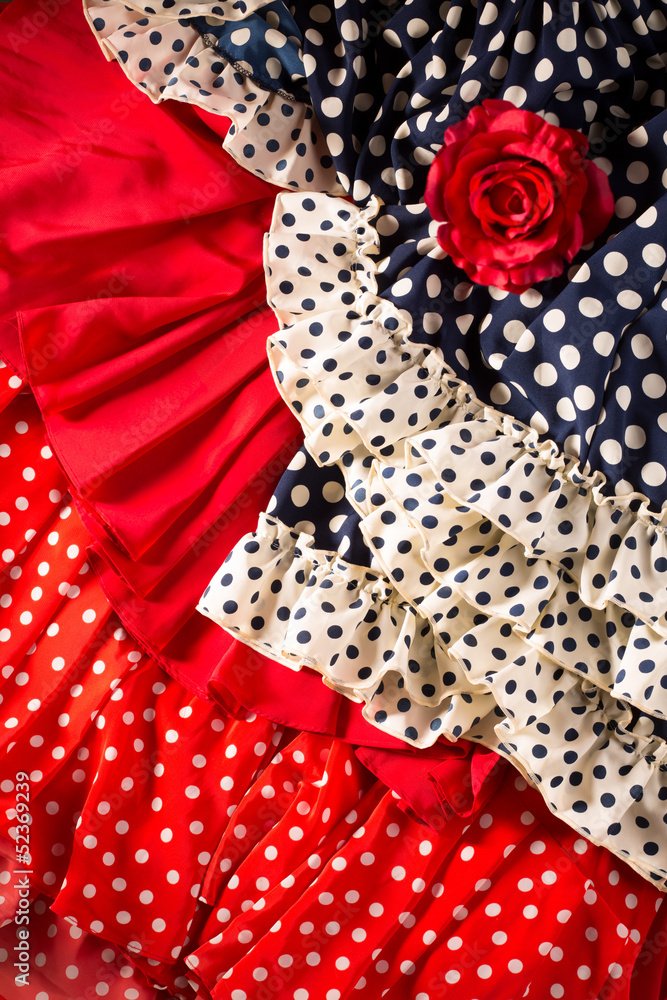 Flamenco dresses in red blue with spot and red rose Flamenco dresses in red blue with spot and red rose