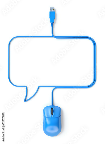Blue mouse and cable in the shape of speech bubble