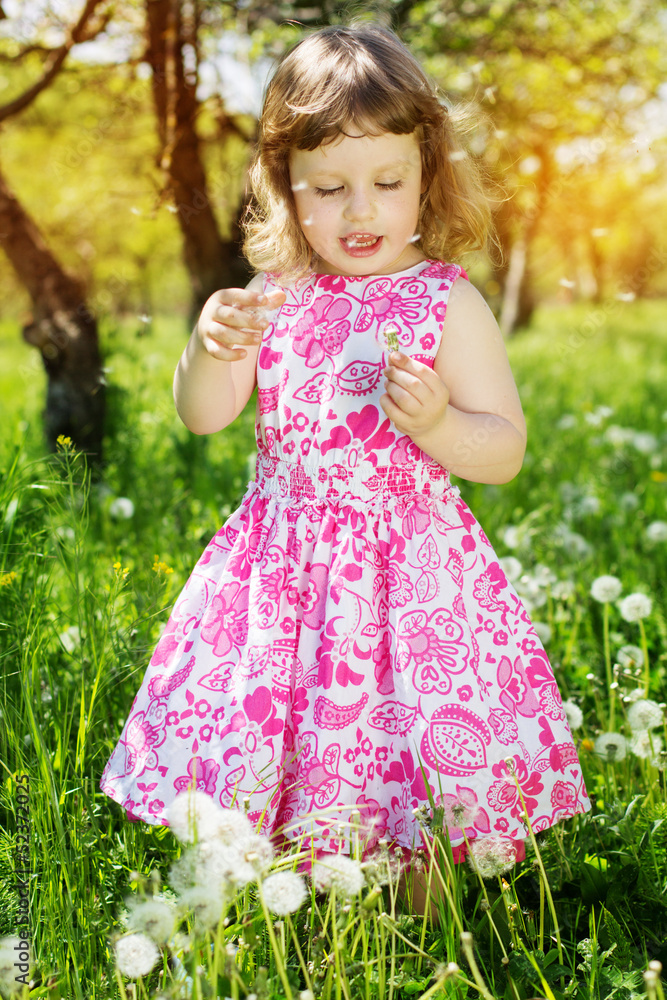 child girl at dandelion meadow in summer child girl at dandelion meadow in summer