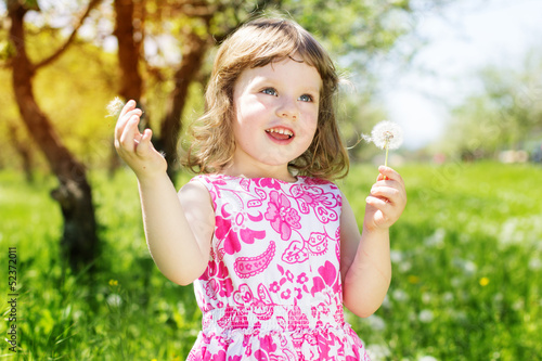 child girl at dandelion meadow in summer
