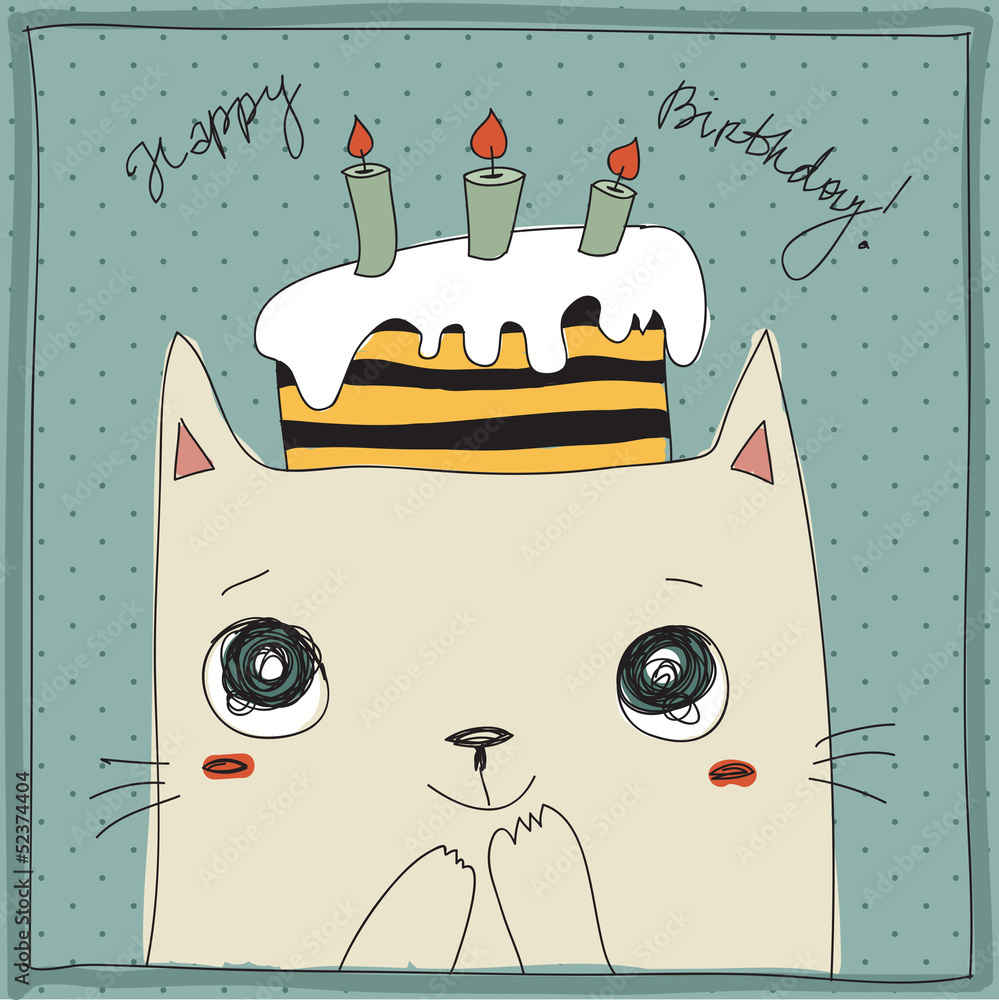 Beautiful happy birthday greeting card with cat and cake Stock Vector ...