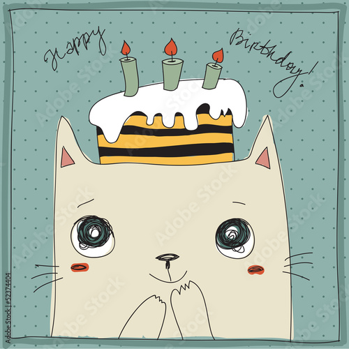 Beautiful happy birthday greeting card with cat and cake