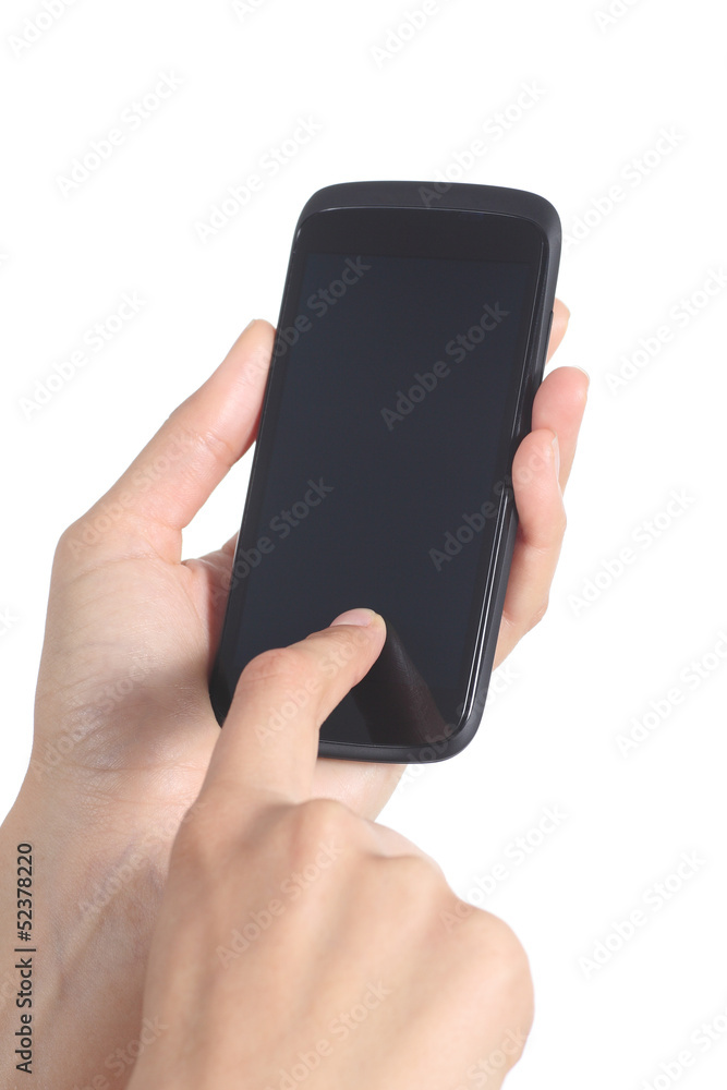 Woman hands touching a mobile phone with her finger Woman hands touching a mobile phone with her finger