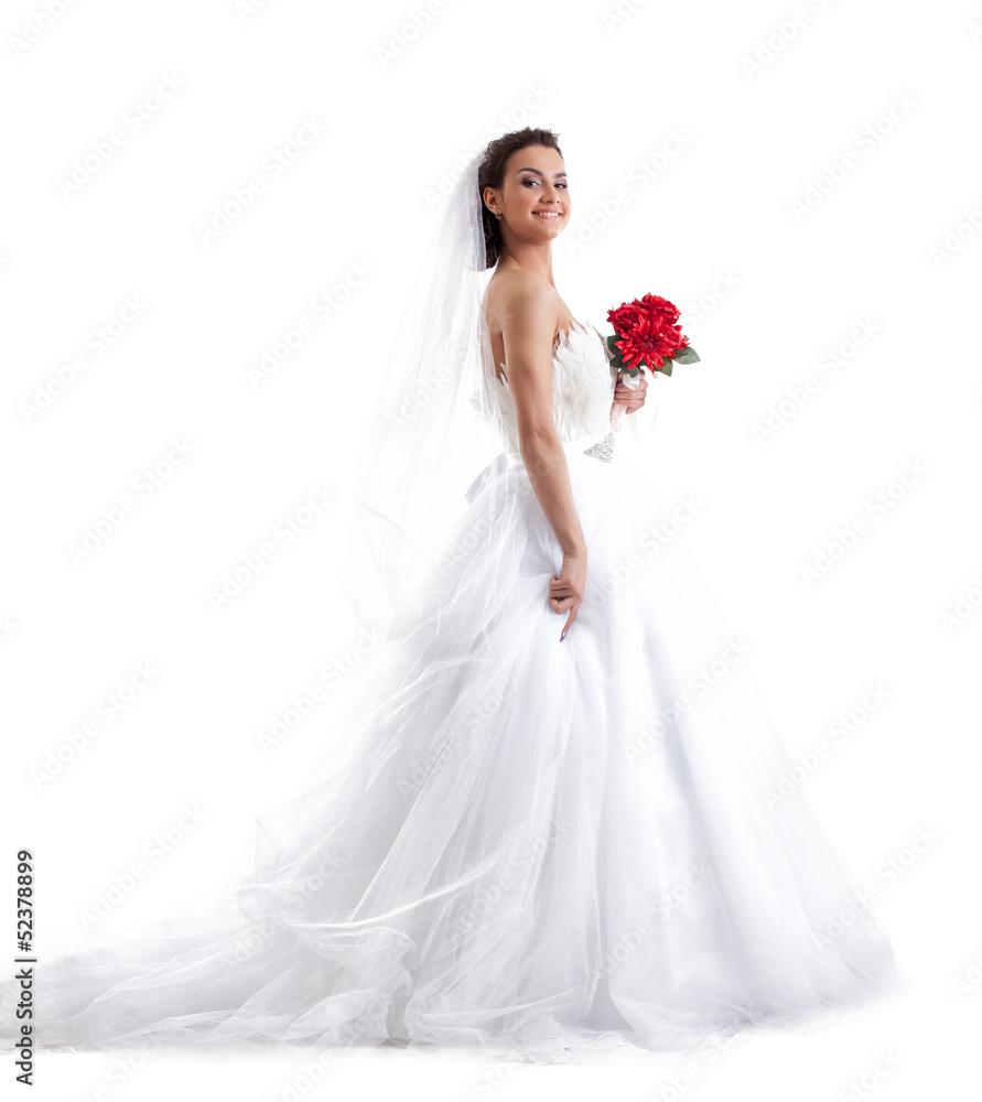 Stylish smiling bride posing with red bouquet Stylish smiling bride posing with red bouquet