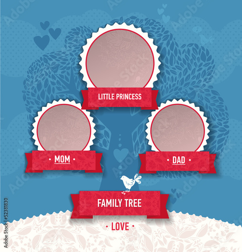 template for family tree. Tree frame, ribbon, birds