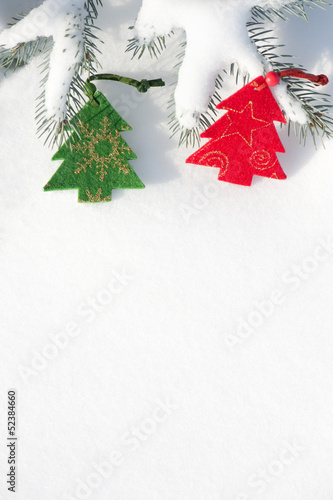 christmas tree toys at snow with blank space